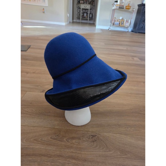 Vintage Royal Blue Wide Brim Wool‎ Felt Hat with Black Trim Occasion Formal